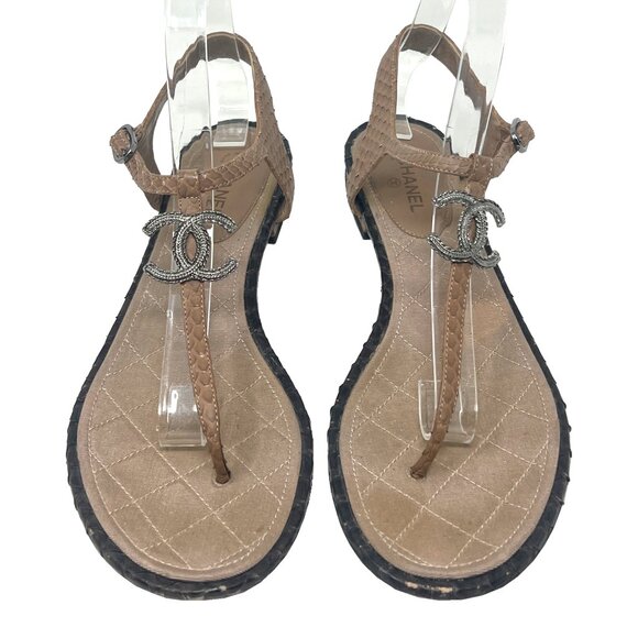 Chanel Python Leather CC Logo T-Strap Sandals Tan/Black EU39.5 - Picture 1 of 8